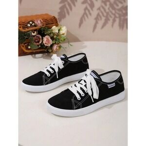 Fashion Womens Canvas Low Top Sneakers Black White Lace Up Casual Shoes